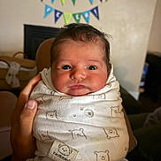Peter is registered to the contest to win money with this photo: baby, newborn, swaddle, hand, face, wide_eyes, indoor, blanket, pattern, bear, person, infant, welcome_banner, celebration, cute, soft_lighting, portrait, human, wrapped, expression