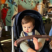 Hudson is registered to the contest to win money with this photo: baby, bird_mural, brick_wall, child, clothing, cute, expression, face, foot, hand, indoor, light, mural, person, playful, seat, shadow, strap, stroller, toddler