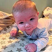Aiden joined the competition — help win amazing prizes! baby, infant, face, smile, star_pattern, blanket, clothing, hand, tummy_time, cute, young_child, skin, head, room, indoor, expression, person, lying_down, bright_eyes, soft_light