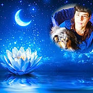 Doubie a rejoint le concours — aidez-le/la à gagner de superbes lots ! woman, dog, flower, lotus, moon, stars, water, reflection, sky, clouds, portrait, glowing, digital_art, superimposed, blue, night, face, pet, calm, fantasy