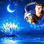 woman, dog, flower, lotus, moon, stars, water, reflection, sky, clouds, portrait, glowing, digital_art, superimposed, blue, night, face, pet, calm, fantasy