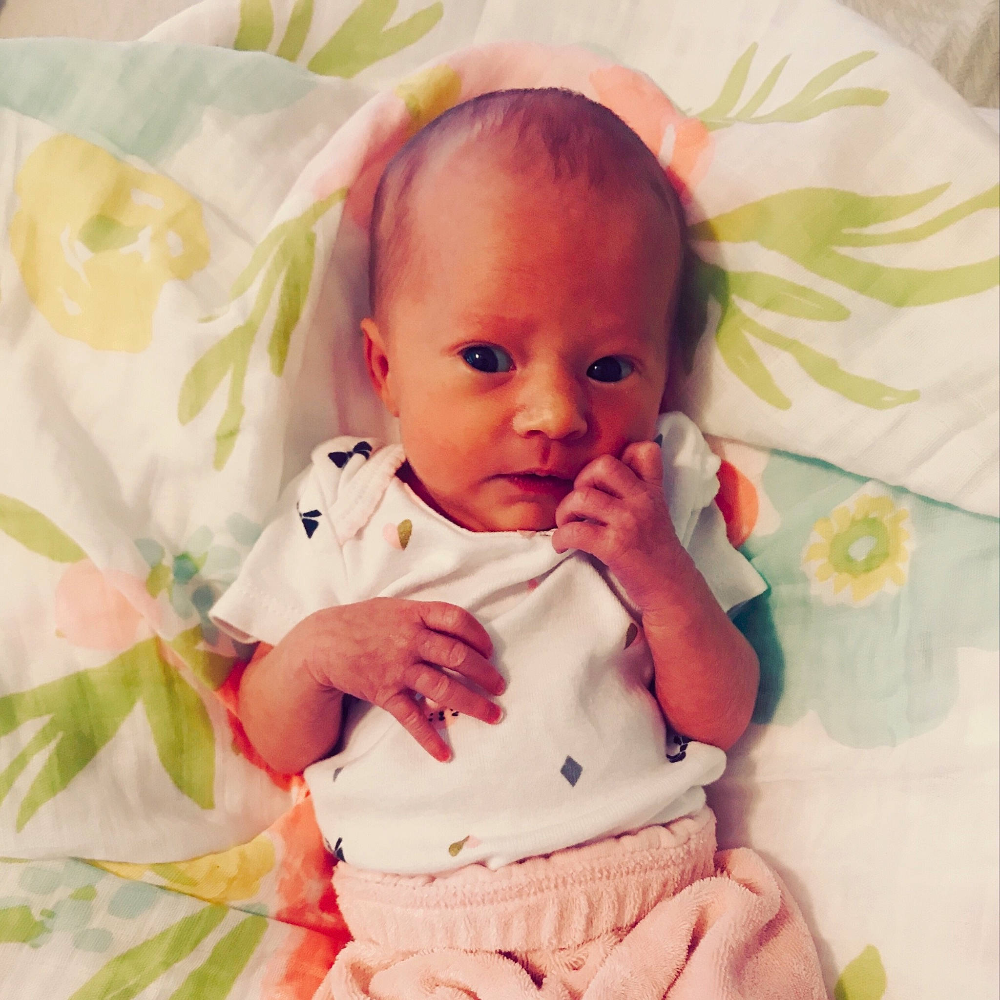 Mattie joined the competition — help win amazing prizes! baby, baby_products, baby_toddler_clothing, cheek, child, eye, face, head, linens, lip, mouth, nose, person, pink, product, skin, textile, toddler