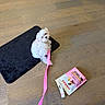 puppy, dog, white_dog, leash, pink_leash, black_mat, wooden_floor, dog_treats, pet, indoor, cute, small_dog, floor, looking_back, animal, canine, pet_accessory, treat_bag, pink, curious