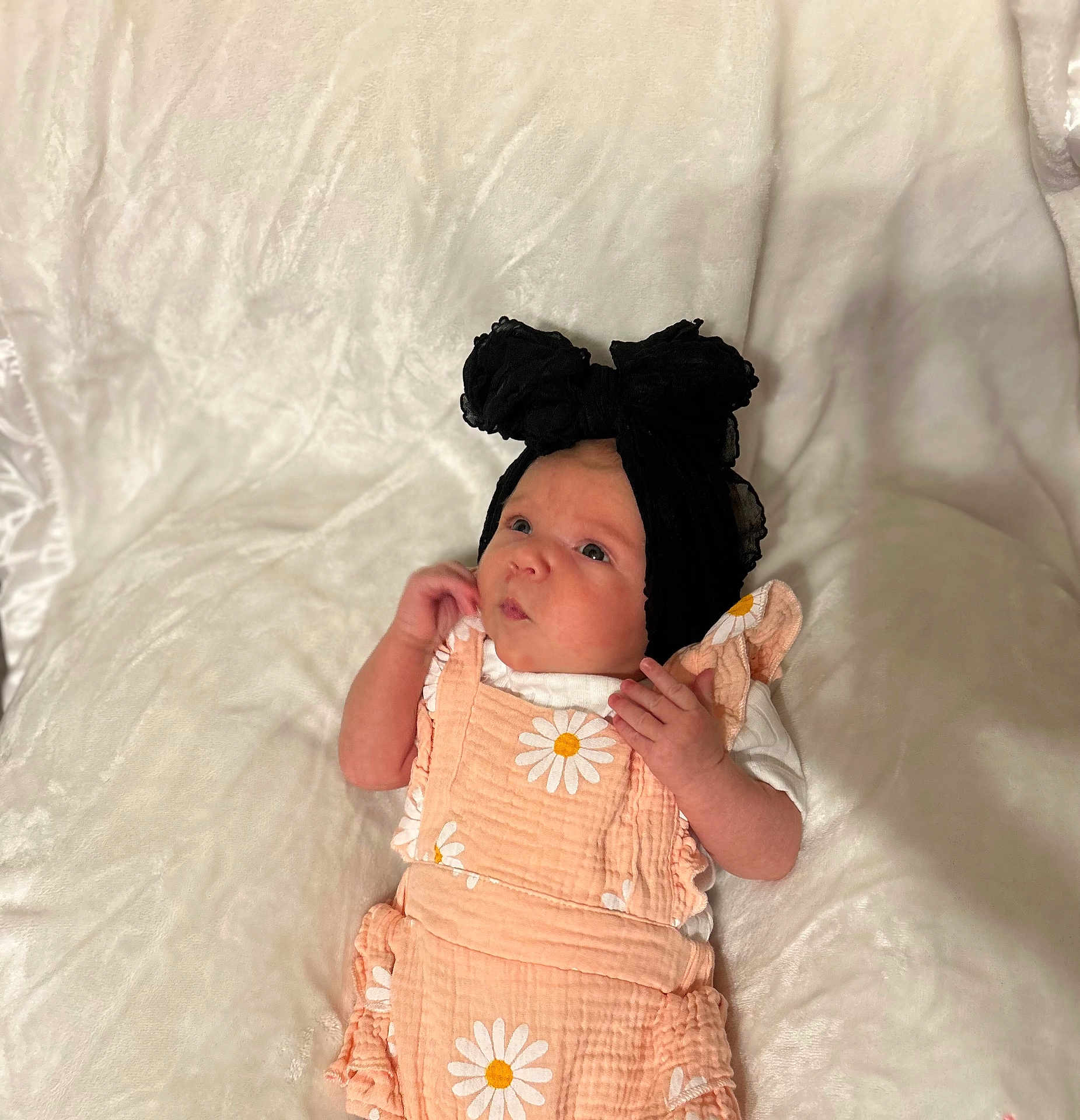 Huntleigh is registered to the contest to win money with this photo: baby, infant, black_headband, peach_outfit, daisy_pattern, blanket, soft_texture, cute, portrait, child, newborn, lying_down, expression, hands, face, headwear, white_background, indoors, adorable, cozy
