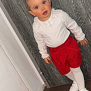 Aïna participe au concours pour gagner de l'argent avec cette photo : child, toddler, portrait, standing, indoor, red_shorts, white_top, white_tights, white_shoes, hair_buns, red_eyes, wooden_wall, door, floor, curious_expression, blush_cheeks, flash_photography, fashion, close_up, cute