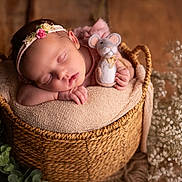 élise participe au concours pour gagner de l'argent avec cette photo : baby, sleeping, basket, headband, flower, toy, mouse, blanket, greenery, flowers, babybreath, cozy, soft, peaceful, portrait, infant, cute, relaxing, woodenfloor, homedecor