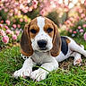 animal, beagle, bokeh, brown_and_white, canine, close_up, dog, floppy_ears, flowers, garden, grass, greenery, long_ears, lying_down, nature, outdoors, pet, portrait, puppy, roses