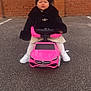 black_coat, brick_wall, child, cute, fashion, hat, headwear, outdoor, parking_lot, pavement, person, pink, portrait, sitting, small_car, toddler, toy_car, vehicle, white_shoes, winter_clothing
