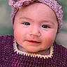baby, child, face, headband, flower, purple, crochet, knitwear, smile, portrait, cute, infant, clothing, apparel, soft, warm, indoor, closeup, person, young