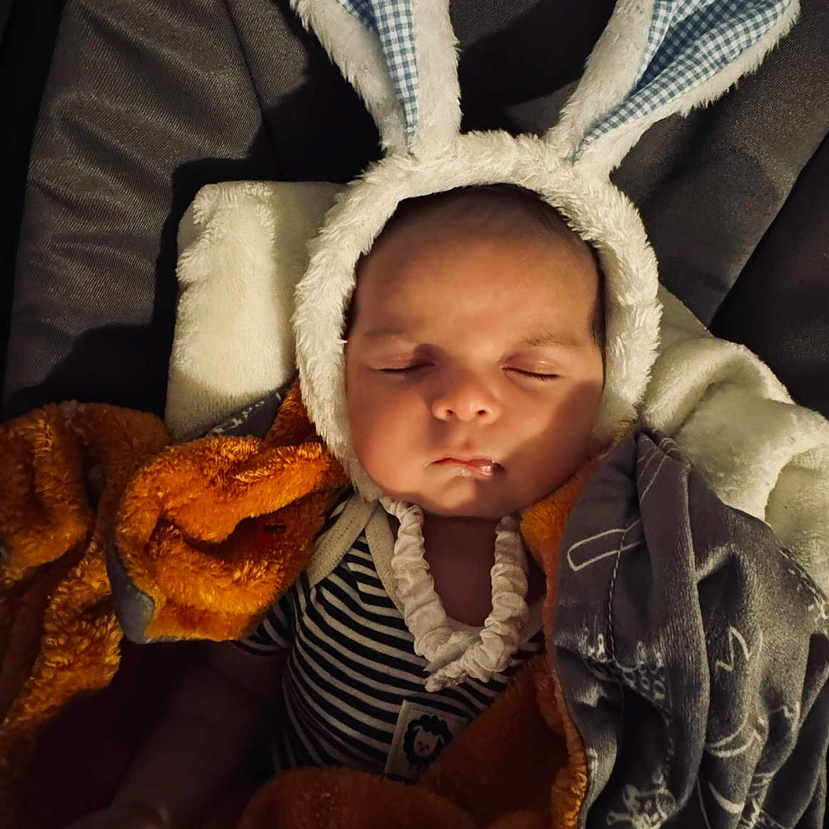 Kash is registered to the contest to win money with this photo: baby, blanket, bonnet, cap, clothing, coat, costume, face, glove, hat, head, hood, hoodie, jacket, knitwear, newborn, person, photography, portrait, sleeping