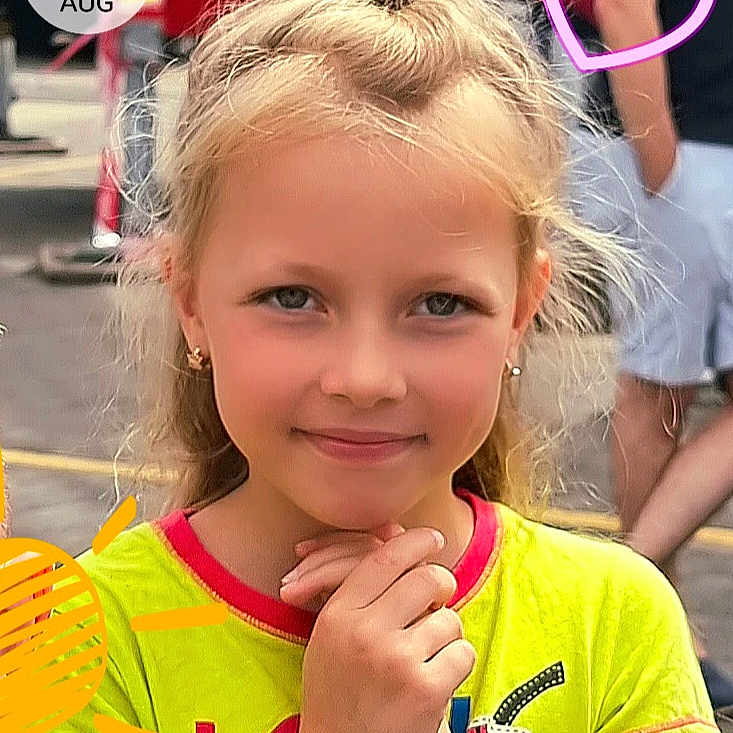 Viktoria joined the competition — help win amazing prizes! blonde, bodypart, child, clothing, face, female, finger, girl, hair, hand, happy, head, person, photography, portrait, shoulder, sleeve, smile, symbol, t_shirt