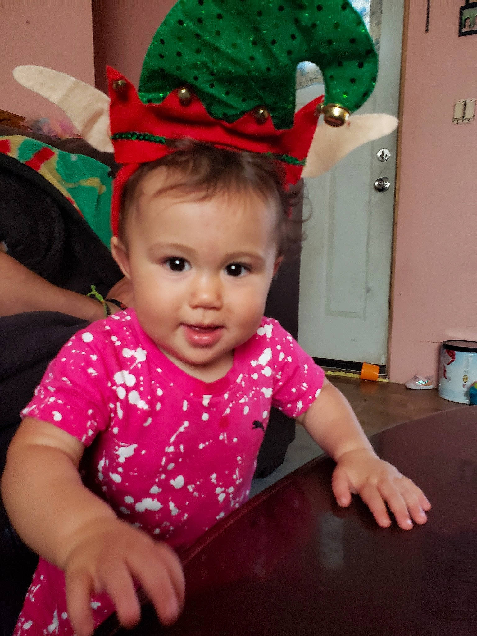 Alanna is registered to the contest to win money with this photo: baby, cap, child, clothing, fashion_accessory, hair_accessory, happy, hat, headgear, party_hat, party_supply, person, pink, play, smile, toddler