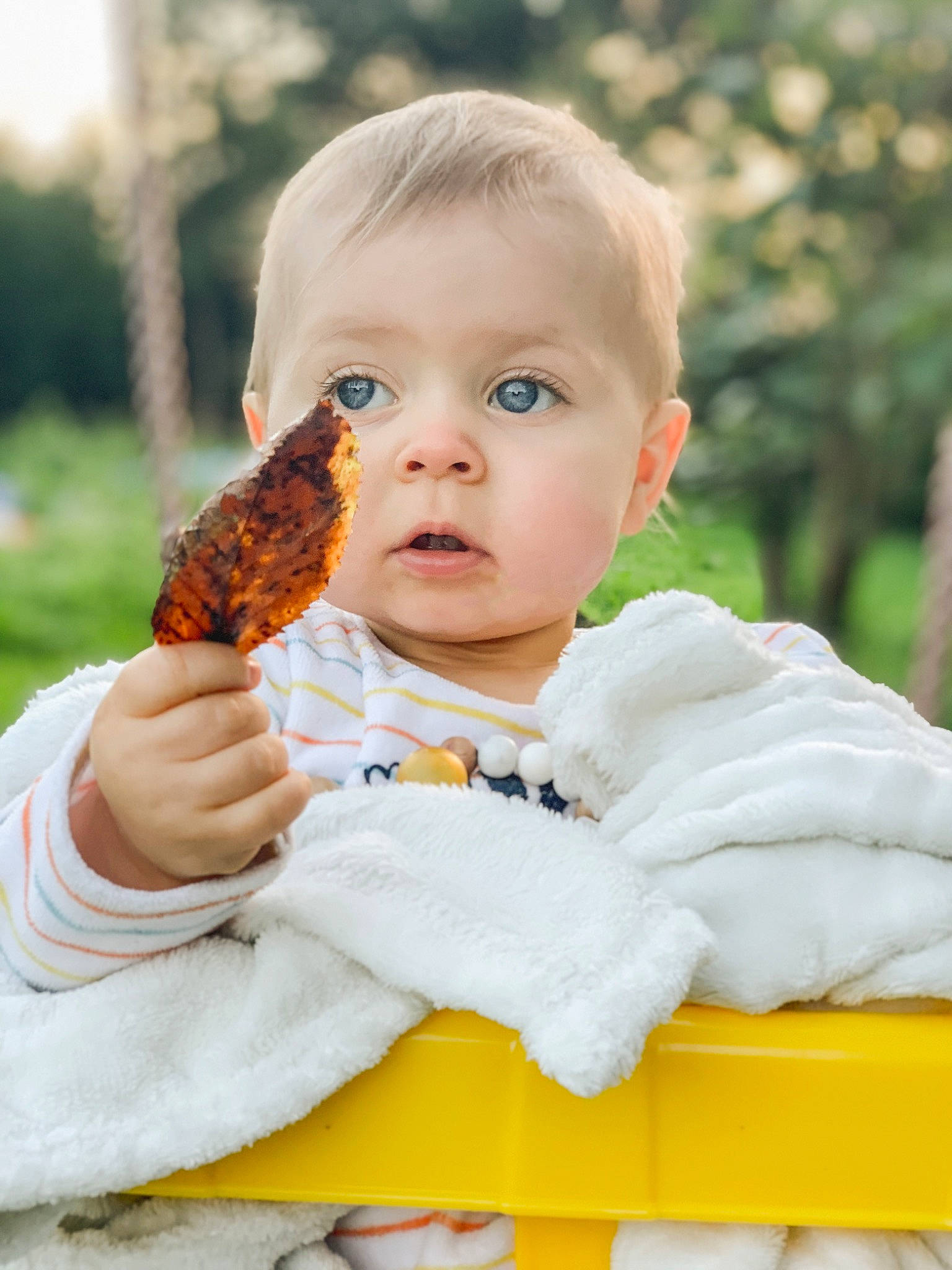 Tom a rejoint le concours — aidez-le/la à gagner de superbes lots ! baby, baby_toddler_clothing, child, comfort_food, eating, gesture, grass, happy, head, leaf, orange, people_in_nature, person, portrait_photography, sitting, skin, surprise, tableware, toddler, tree