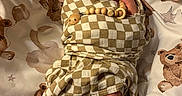 Reuben is registered to the contest to win money with this photo: baby, bear_motif, bed, blanket, checkered_pattern, cozy, cute, fabric_texture, hands_near_face, infant, knitted_booties, newborn, nursery_bedding, pacifier, portrait, sleeping, soft_lighting, swaddle, teddy_bear_print, wooden_beads