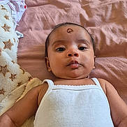Athithi joined the competition — help win amazing prizes! baby, infant, face, skin, clothing, sleeveless_top, blanket, star_pattern, bed, bedroom, lying_down, child, young, portrait, indoor, soft_texture, comfort, close_up, person, peaceful