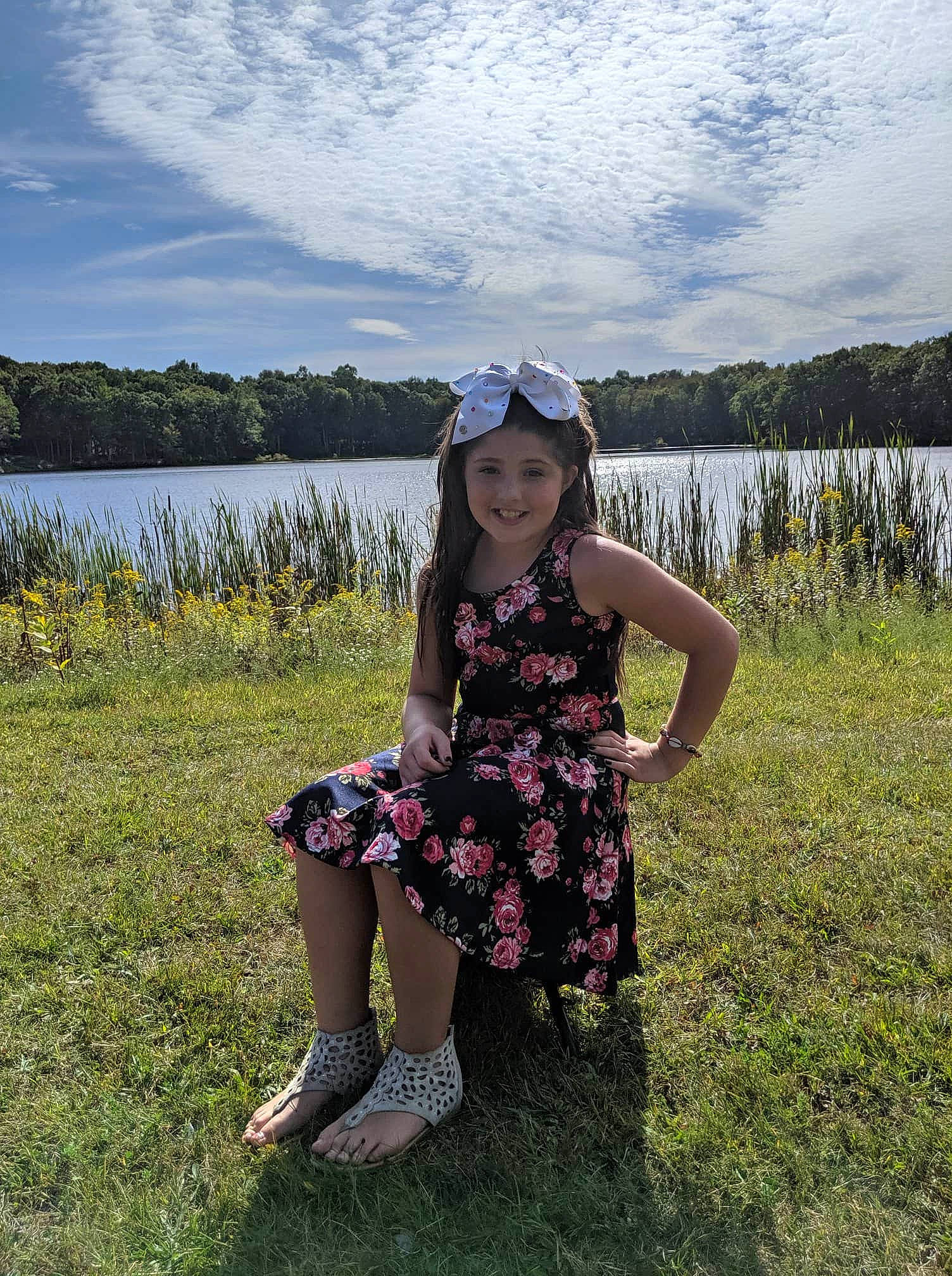 Saoirse joined the competition — help win amazing prizes! beauty, botany, child, dress, flower, grass, grass_family, grassland, headgear, headwear, joy, lake, long_hair, person, plant, skin, smile, spring, summer, tree