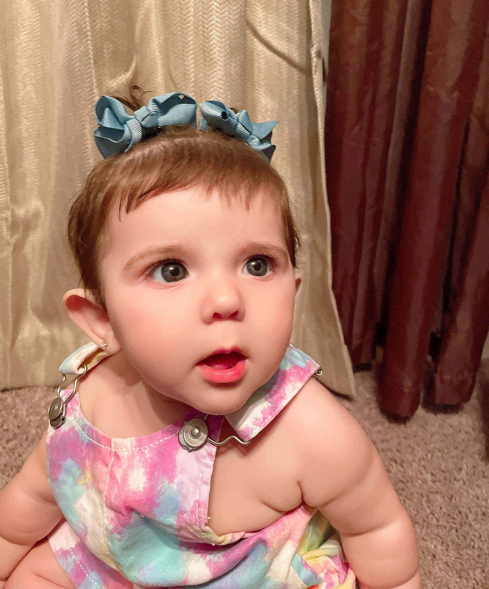 Briana joined the competition — help win amazing prizes! baby_toddler_clothing, curtain, ear, eye, eyebrow, eyelash, hair, happy, head, headgear, headpiece, iris, lip, neck, person, photograph, pink, skin, sleeve, textile