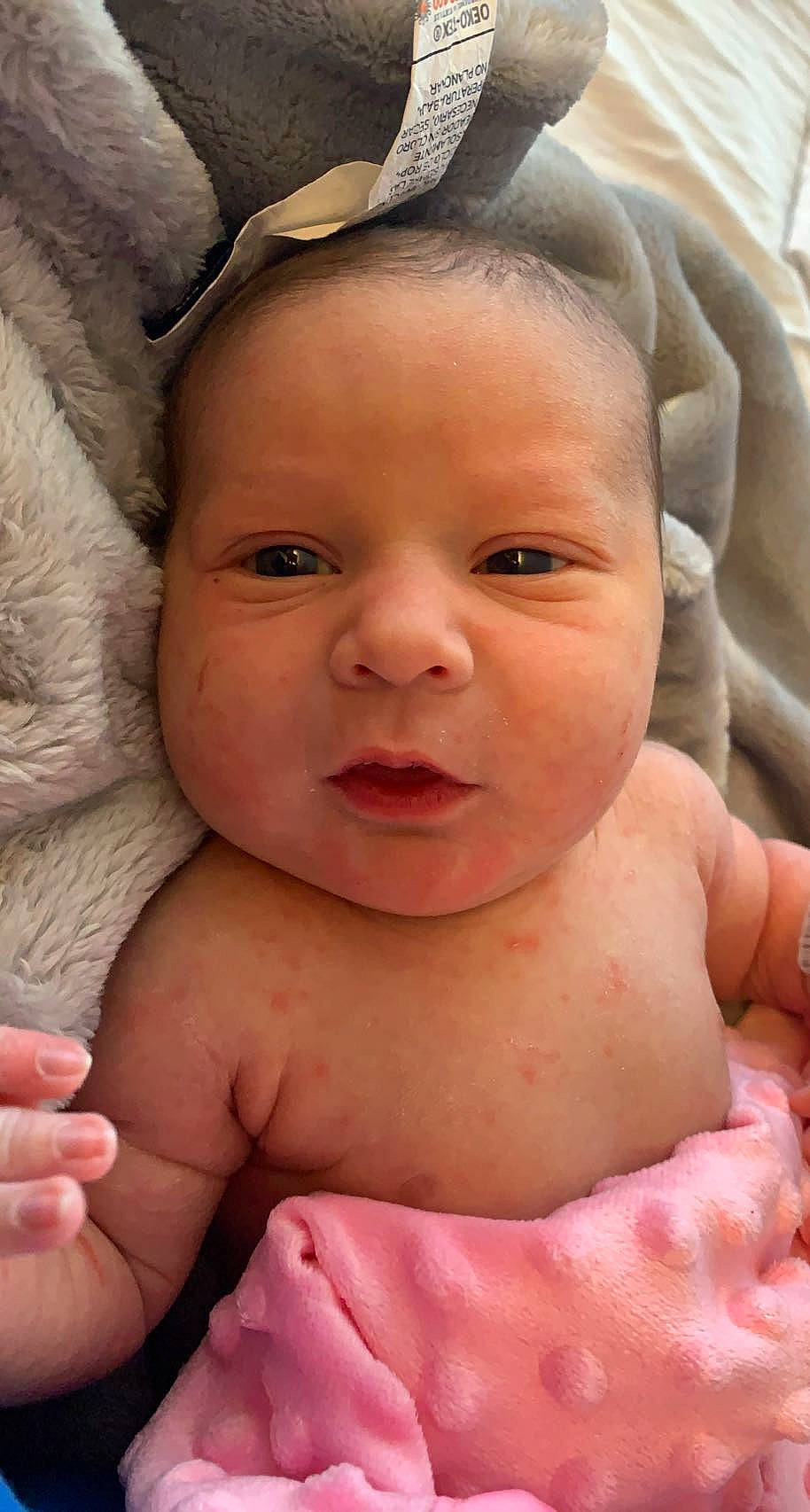 Abriella is registered to the contest to win money with this photo: baby, cheek, chin, ear, eyebrow, eyelash, face, facial_expression, forehead, gesture, head, human_body, lip, mouth, muscle, neck, nose, person, skin, smile