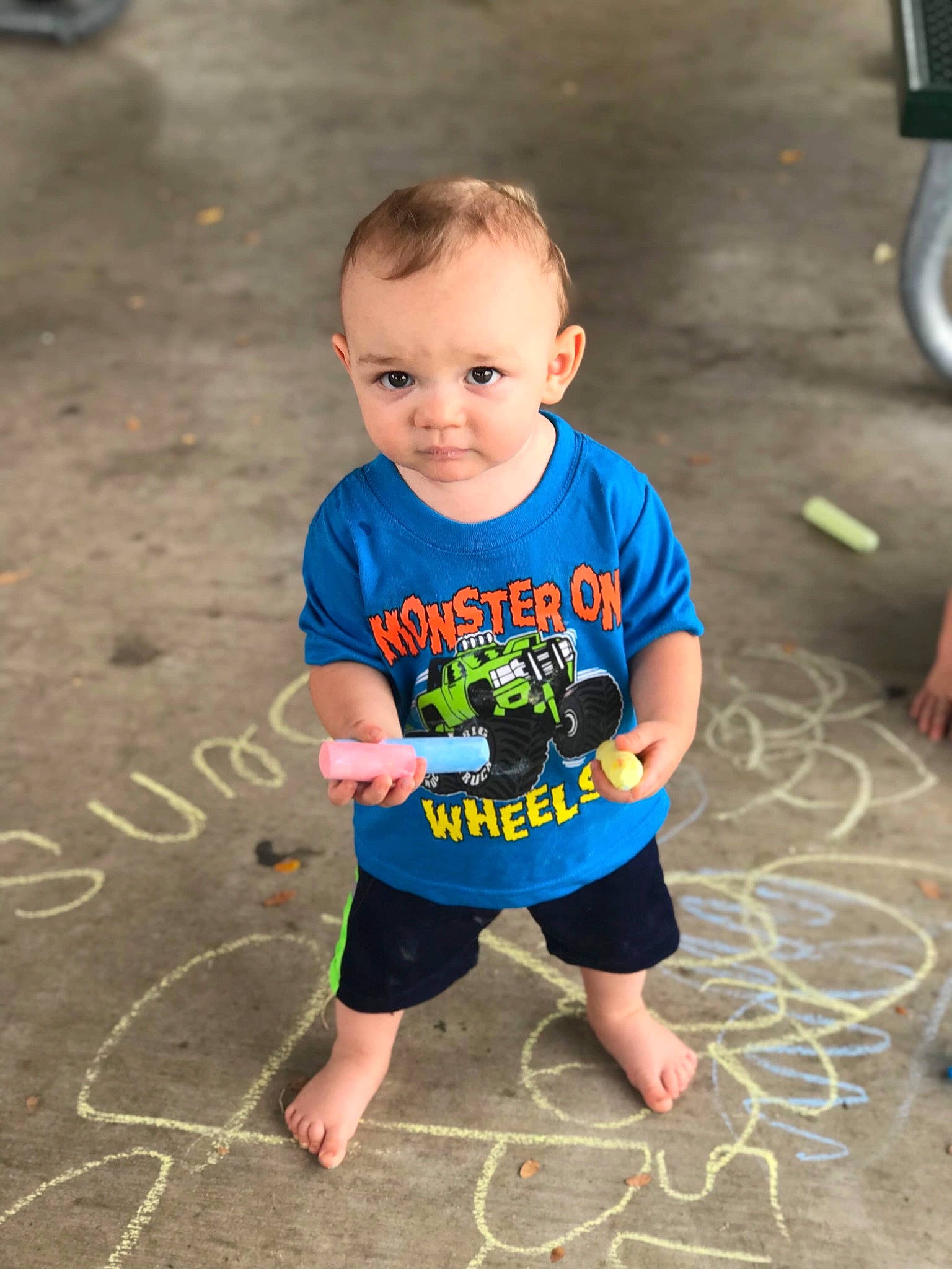 Benson is registered to the contest to win money with this photo: baby, baby_toddler_clothing, chalk, child, fun, person, play, smile, summer, t_shirt, toddler, vacation, yellow