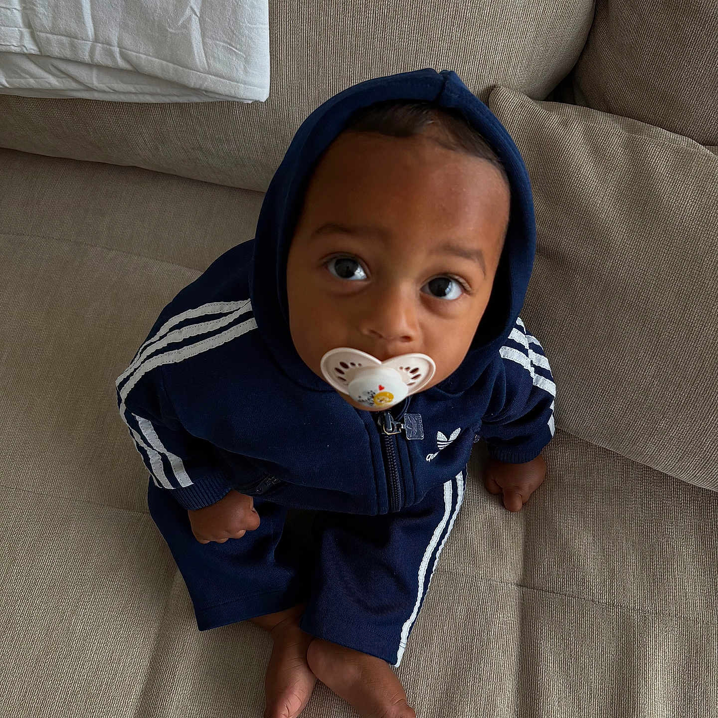 Ohayo a rejoint le concours — aidez-le/la à gagner de superbes lots ! baby, beige, blue_clothing, casual_clothing, child, couch, cross_legged, cushion, cute, furniture, hoodie, indoor, looking_up, pacifier, portrait, sitting, toddler, tracksuit, wide_eyes, young_child