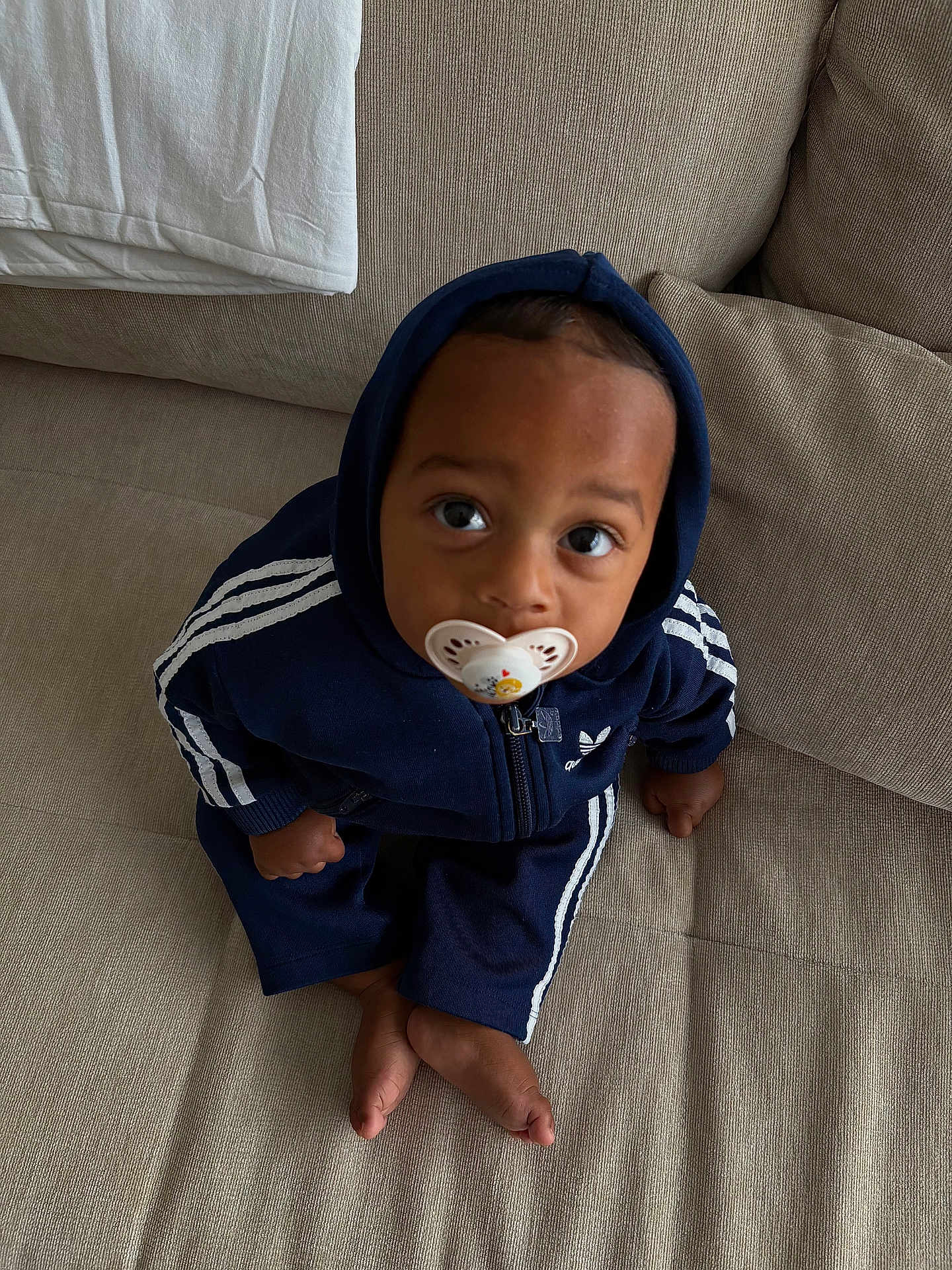 Ohayo a rejoint le concours — aidez-le/la à gagner de superbes lots ! baby, beige, blue_clothing, casual_clothing, child, couch, cross_legged, cushion, cute, furniture, hoodie, indoor, looking_up, pacifier, portrait, sitting, toddler, tracksuit, wide_eyes, young_child