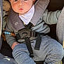 baby, baby_face, child, clothing, curious_expression, cute, foot, grey_pants, hand, head, infant, outdoor, pout, safety_harness, soft_lighting, straps, stroller, sunlight, white_bib, wide_eyes