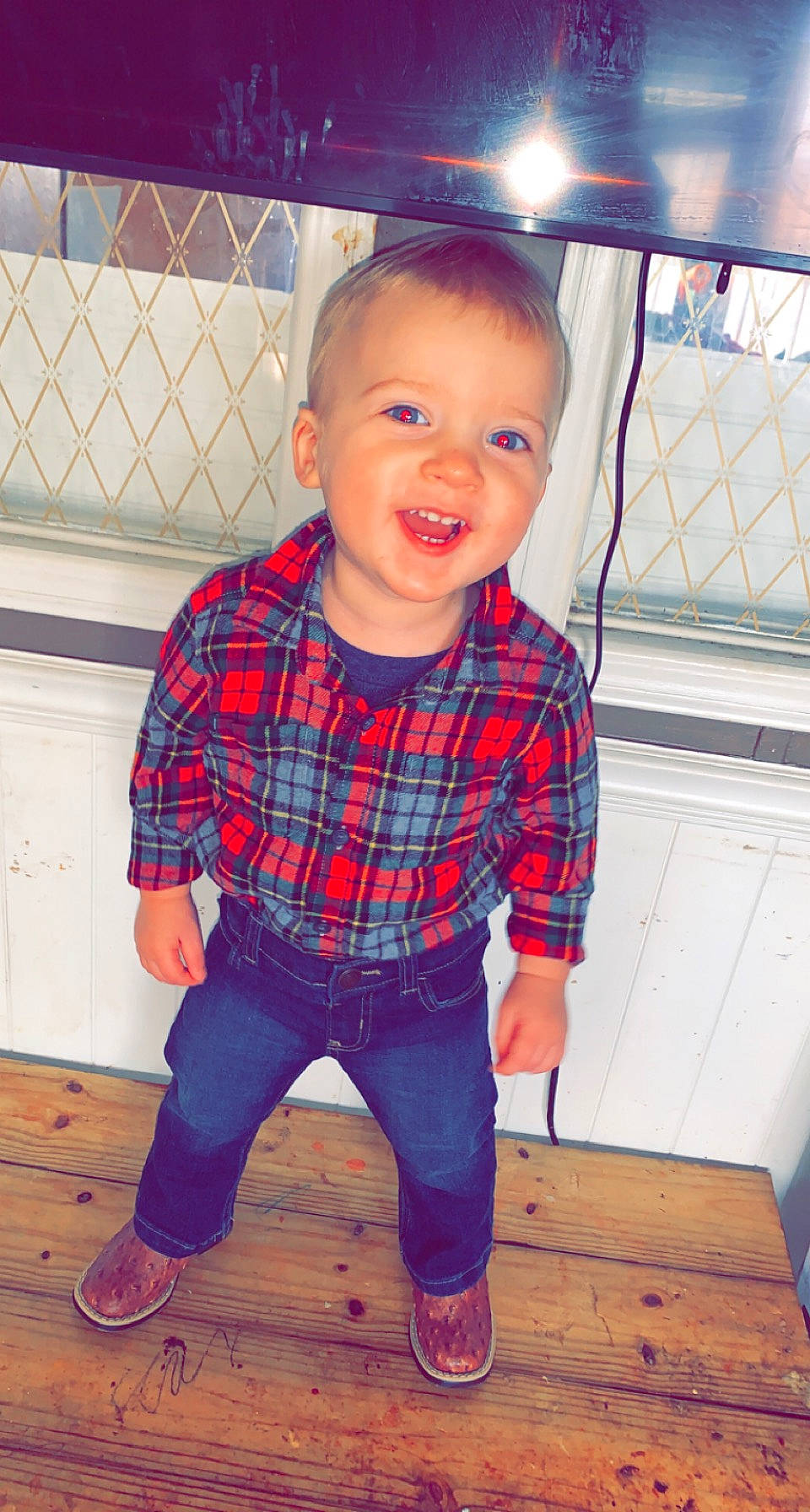 Carson joined the competition — help win amazing prizes! baby_toddler_clothing, clothing, dress_shirt, face, facial_expression, hair, happy, jeans, person, plaid, shirt, shoe, sleeve, smile, standing, t_shirt, tartan, textile, toddler, waist