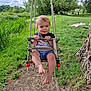 barefoot, casual_clothing, child, clouds, cute, daytime, grass, greenery, happy, nature, outdoor, park, play, rope, sky, summer, swing, toddler, tree, wooden