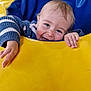blue, child, cute, expression, face, fun, hands, happy, head, joy, outdoor_play, play, playground, portrait, smiling, striped_clothing, sweater, toddler, yellow, young_child