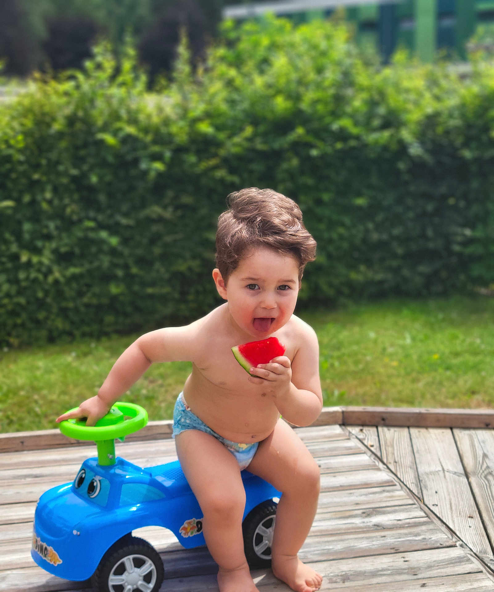 Adam a rejoint le concours — aidez-le/la à gagner de superbes lots ! toddler, child, diaper, toy_car, watermelon, outdoor, grass, hedge, summer, barefoot, play, cute, fun, greenery, wooden_deck, happy, food, fruit, sitting, nature