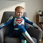 Drailee joined the competition — help win amazing prizes! armchair, blue_suit, bookshelf, braided_hair, bright, cape, child, confident, costume, futuristic, girl, home, indoor, plant, portrait, pose, silver_armor, smiling, superhero_costume, young