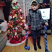 Ryder joined the competition — help win amazing prizes! bookshelf, bow_tie, boy, celebration, child, christmas_tree, curtain, decorations, festive, flooring, furniture, holiday, indoor, lights, ornaments, paper_chain, plaid_shirt, smile, television, wood_floor