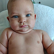 Lawrence joined the competition — help win amazing prizes! baby, child, blue_eyes, chubby, close_up, face, infant, looking_at_camera, naked_torso, person, plush, portrait, skin, soft_texture, white_blanket, young_child, indoors, cute, expressionless, head