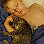 Mufasa is registered to the contest to win money with this photo: child, sleeping, kitten, cat, bed, blanket, cuddle, rest, comfort, indoor, nap, young, peaceful, cozy, furry, tabby, human, animal, cute, portrait