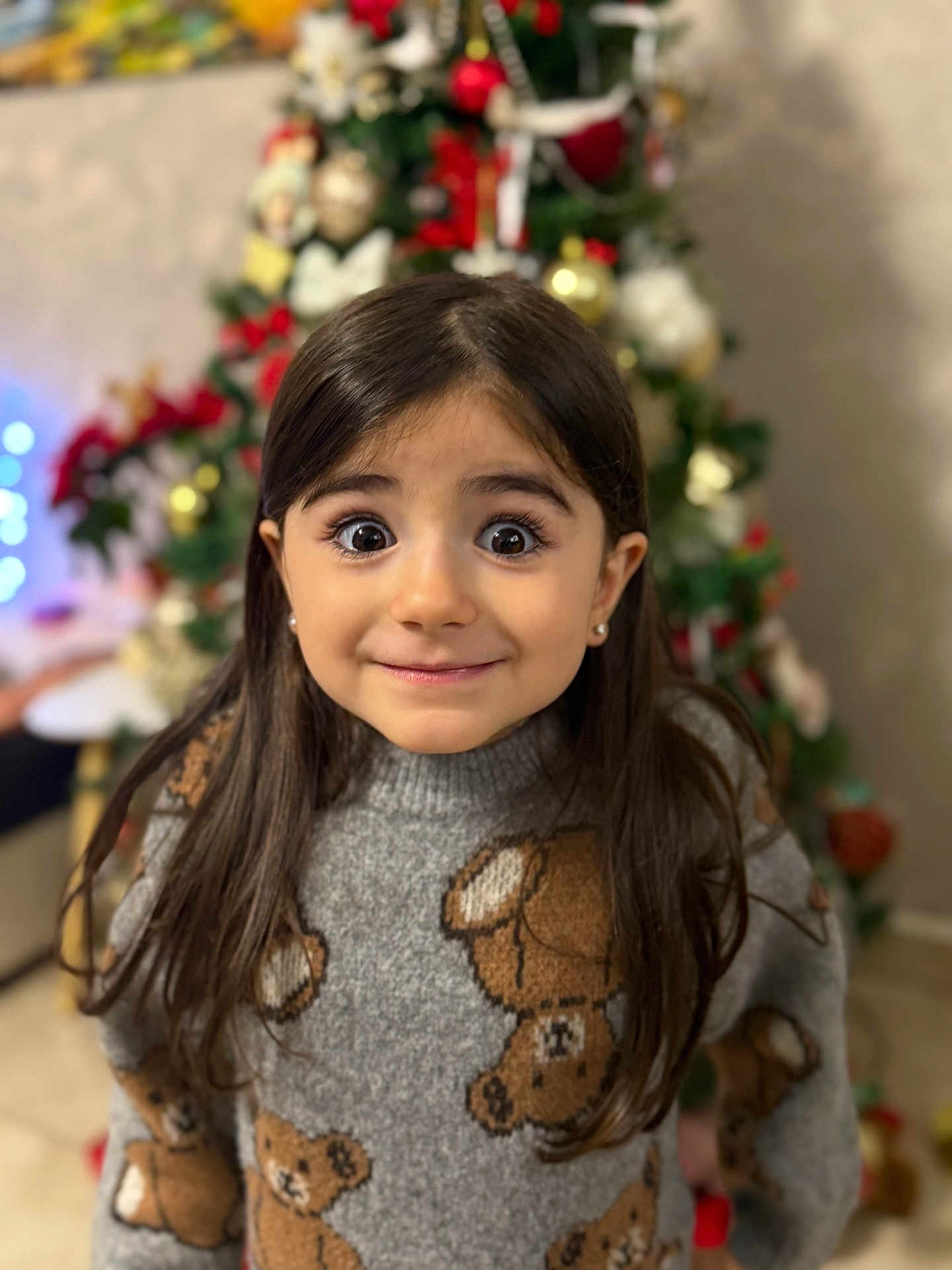 Camelia a rejoint le concours — aidez-le/la à gagner de superbes lots ! child, girl, smiling, sweater, teddy_bear, christmas_tree, holiday, indoor, portrait, long_hair, cute, festive, decorations, happy, face, young, person, winter_clothing, celebration, background_blur