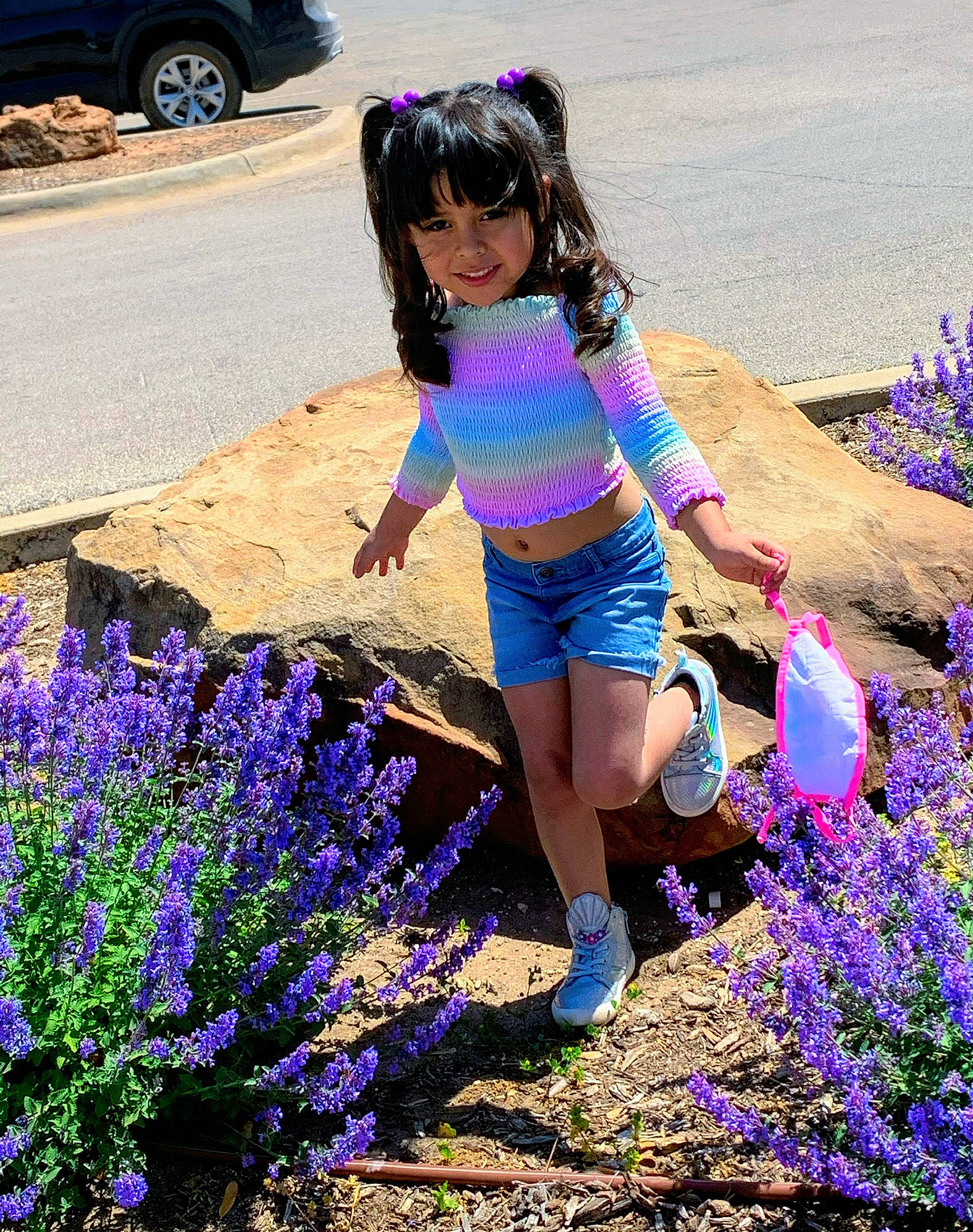 Isabell joined the competition — help win amazing prizes! annual_plant, automotive_tire, blue, electric_blue, flower, flowering_plant, garden, grass, groundcover, herbaceous_plant, joy, people_in_nature, person, petal, plant, purple, shrub, thigh, tire, violet