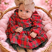 Melania is registered to the contest to win money with this photo: baby, infant, child, red_dress, plaid, headband, bow, basket, pink, soft_blanket, cozy, portrait, cute, smiling, indoors, floral_background, toddler, hands, feet, fashion