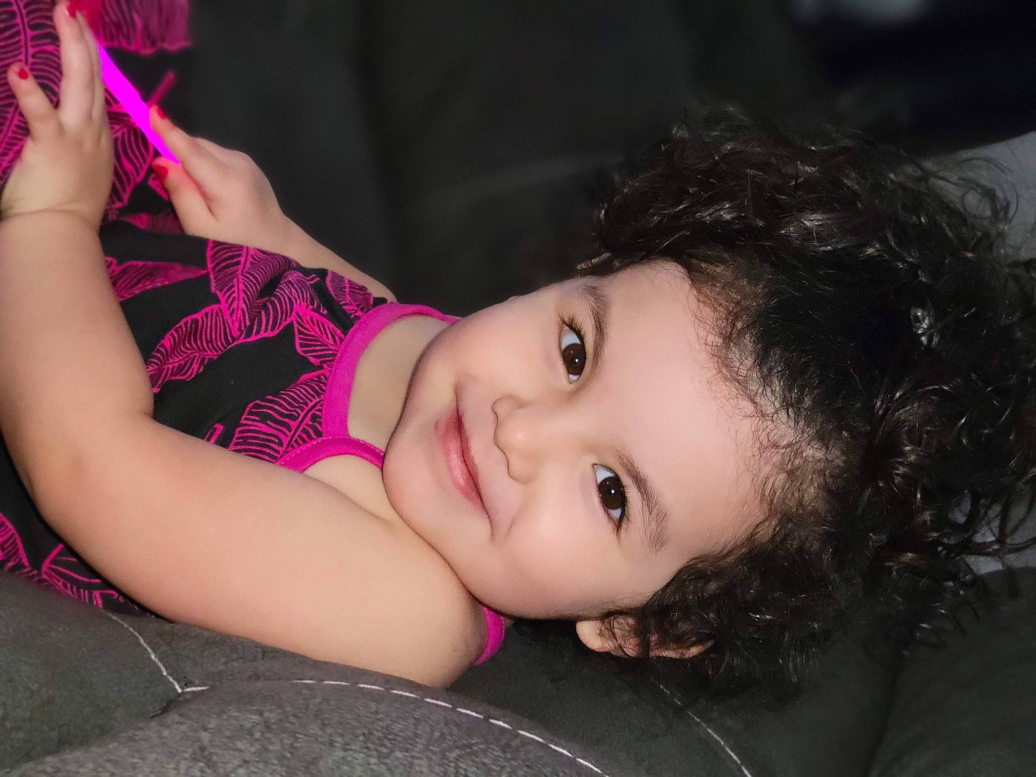 Adalyna is registered to the contest to win money with this photo: black_hair, child, dress, eyelash, flash_photography, fun, grass, happy, human_body, iris, joy, leg, lip, long_hair, mouth, neck, nose, person, plant, skin