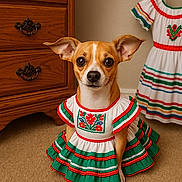 Queen is registered to the contest to win money with this photo: dog, small_dog, chihuahua, dress, traditional_dress, colorful_clothing, carpet, wooden_dresser, indoor, pet, cute, animal, attentive, portrait, brown_dog, decor, fabric, pattern, sitting, closeup