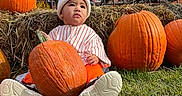 Zuuneil joined the competition — help win amazing prizes! child, baby, pumpkin, autumn, fall, hay_bale, outdoor, portrait, sitting, grass, sunflower, farm_equipment, white_hat, striped_shirt, orange_pants, sneakers, house, backyard, harvest, seasonal