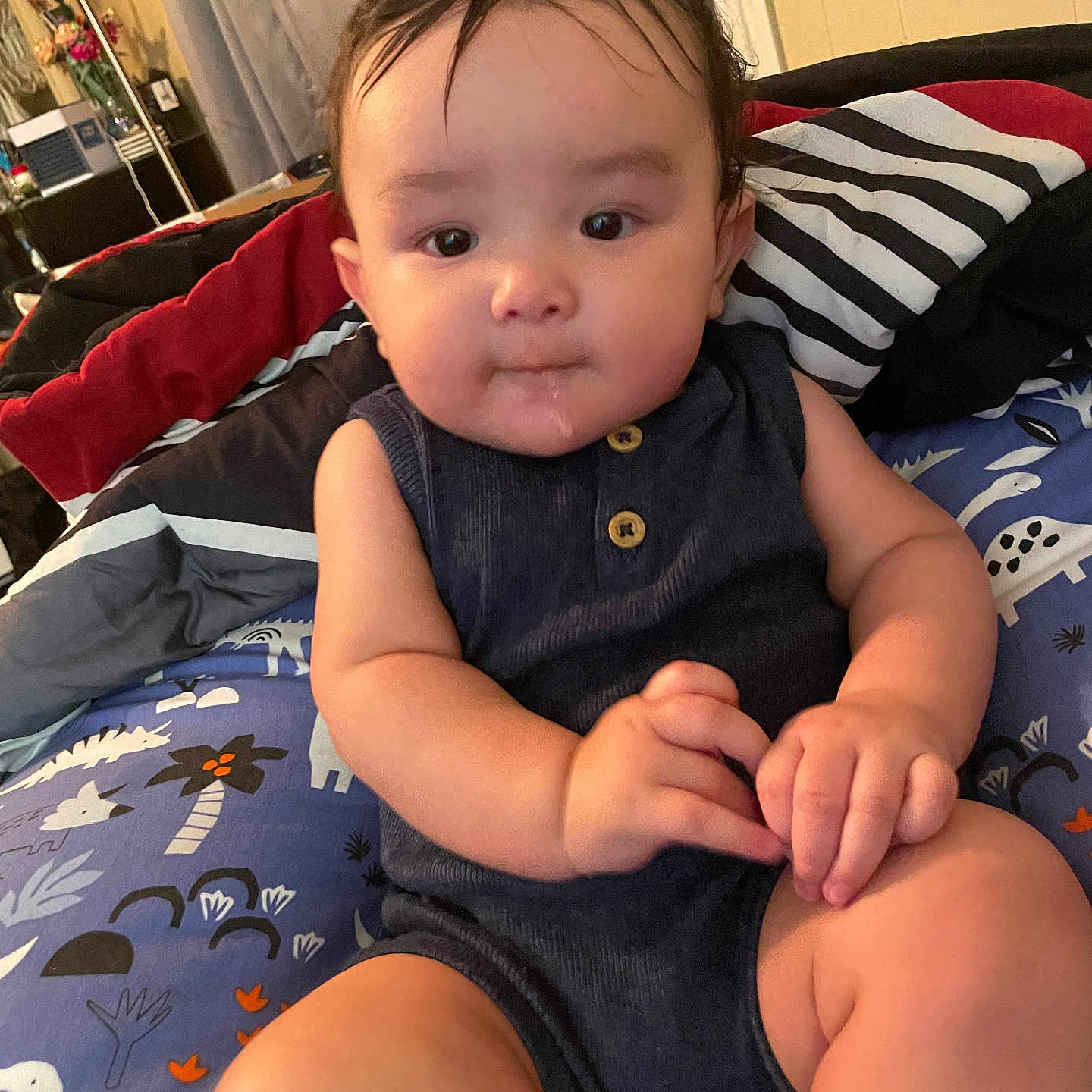 Karter joined the competition — help win amazing prizes! baby, bed, bedroom, bodypart, clothing, cushion, face, finger, furniture, hand, head, homedecor, indoors, pants, person, photography, portrait, room, shorts, sitting