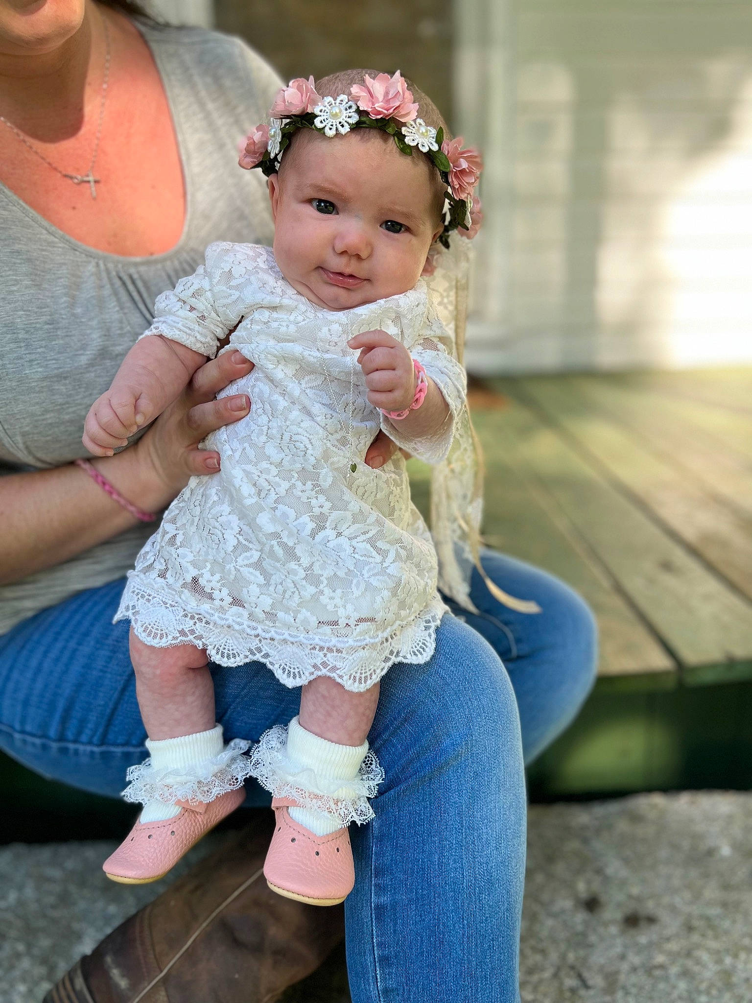 Jubilee joined the competition — help win amazing prizes! baby, baby_toddler_clothing, child, clothing, dress, event, gesture, grass, hair_accessory, happy, headband, headgear, headpiece, headwear, iris, jewellery, leg, necklace, person, pink