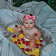 Alattica joined the competition — help win amazing prizes! baby, infant, milk_bath, lemon_slices, strawberries, pink_bow, headband, skin, outdoor, greenery, gray_fabric, fruit, water, cute, child, portrait, summer, natural_light, sitting, playful