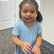 Skyler is registered to the contest to win money with this photo: blue_dress, bracelet, carpet, casual_clothing, child, cute, door, expression, girl, happy, indoor, person, pigtails, playful, portrait, smile, standing, toddler, wall, young_child