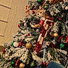 cat, christmas_tree, cozy, curious, decorations, festive, festive_lights, gold, green, holiday_decor, holiday_season, indoor, orange_cat, ornaments, pet, plush_chair, red, snowy_branches, wall_sign, white