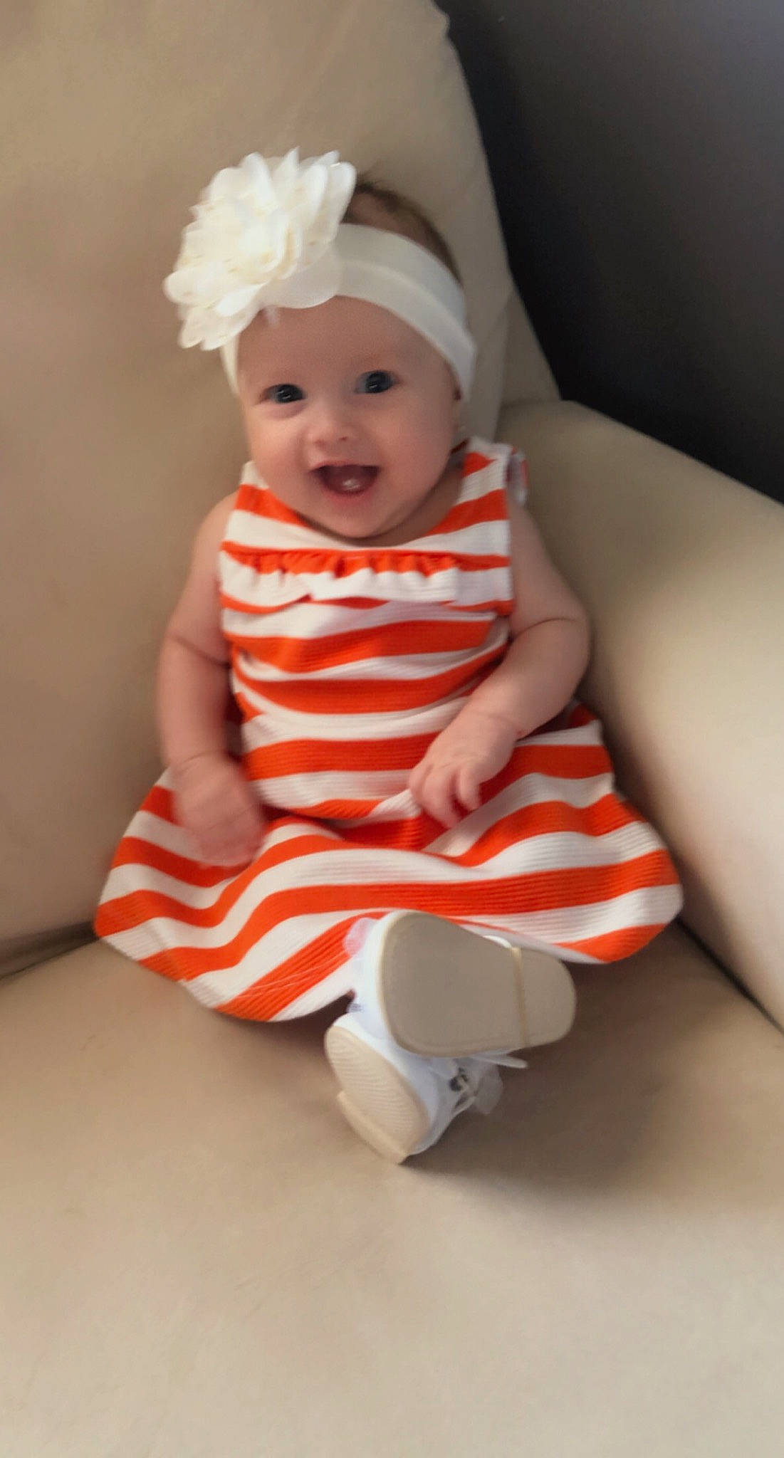 Sophie joined the competition — help win amazing prizes! baby, baby_laughing, baby_toddler_clothing, cap, child, costume_hat, dress, fashion_accessory, happy, hat, headband, headwear, pattern, person, pink, sitting, sleeve, smile, sock, t_shirt