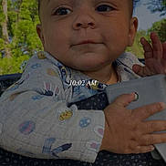 Amor joined the competition — help win amazing prizes! baby, child, face, hand, outdoor, trees, sky, clothing, patterned_clothes, curly_hair, holding_object, daylight, portrait, cute, nature, infant, young_child, smiling, person, closeup