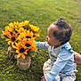 Anaiah joined the competition — help win amazing prizes! toddler, child, sunflowers, flowers, grass, outdoor, nature, curious, baby, sitting, blue_clothing, hand, greenery, burlap, plants, cute, portrait, garden, young_child, daylight