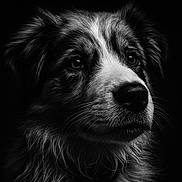 Romy participe au concours pour gagner de l'argent avec cette photo : animal, black_and_white, canine, close_up, dark_background, detailed, dog, domestic_animal, expression, eyes, face, fluffy, fur, headshot, muzzle, pet, portrait, studio_lighting, whiskers