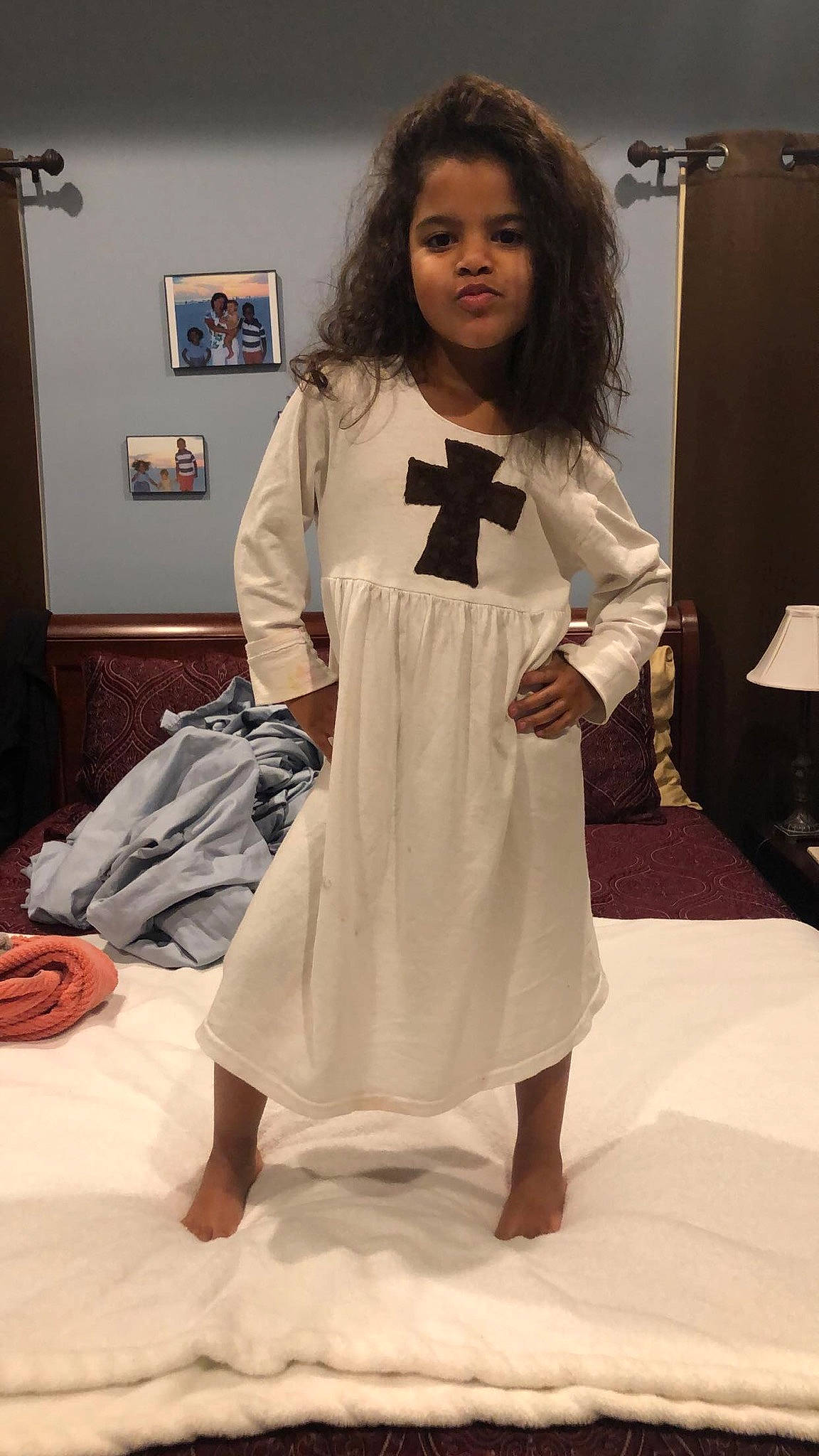 Mariyah joined the competition — help win amazing prizes! child, clothing, costume, dress, fashion_design, formal_wear, head, long_hair, person, room, shoulder, sleeve, white